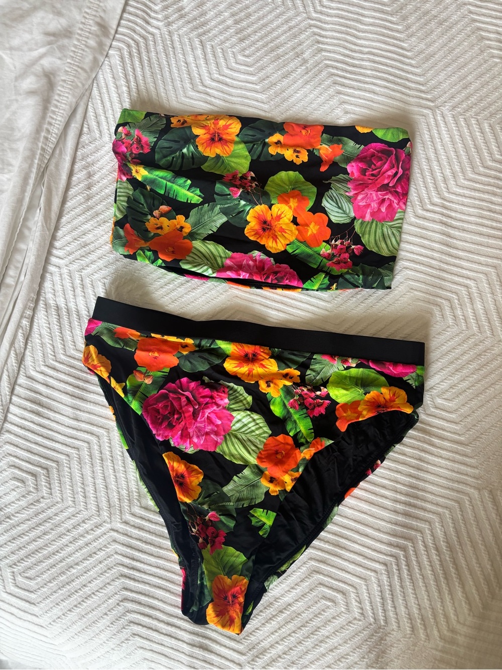 Andie Black Floral Bandeau Bikini Set with Pink & Orange Flowers